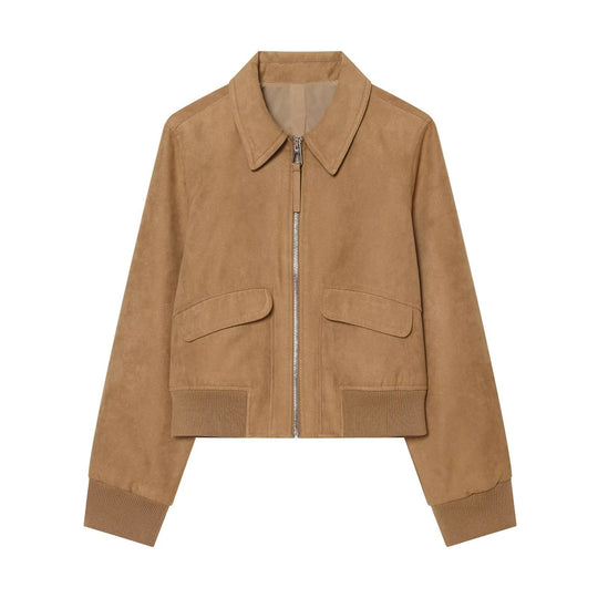Damen Kurzjacke in Wildlederoptik Bomber mit Reißverschluss, Pattentaschen und Rippbündchen Shop Nory