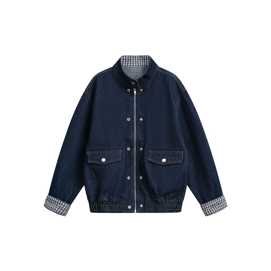 Unisex Boxy-Jeansblousonjacke mit Karo-Futter, Stehkragen und Pattentaschen Shop Nory