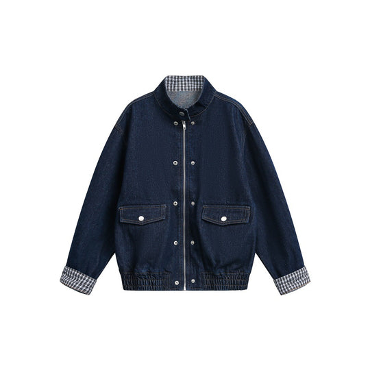 Unisex Boxy-Jeansblousonjacke mit Karo-Futter, Stehkragen und Pattentaschen Shop Nory