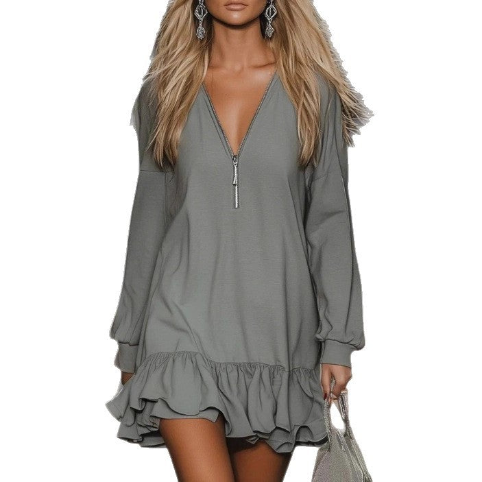 Damen V-Ausschnitt Kleid mit Reißverschluss, Longsleeves und doppeltem Volant-Saum Shop Nory