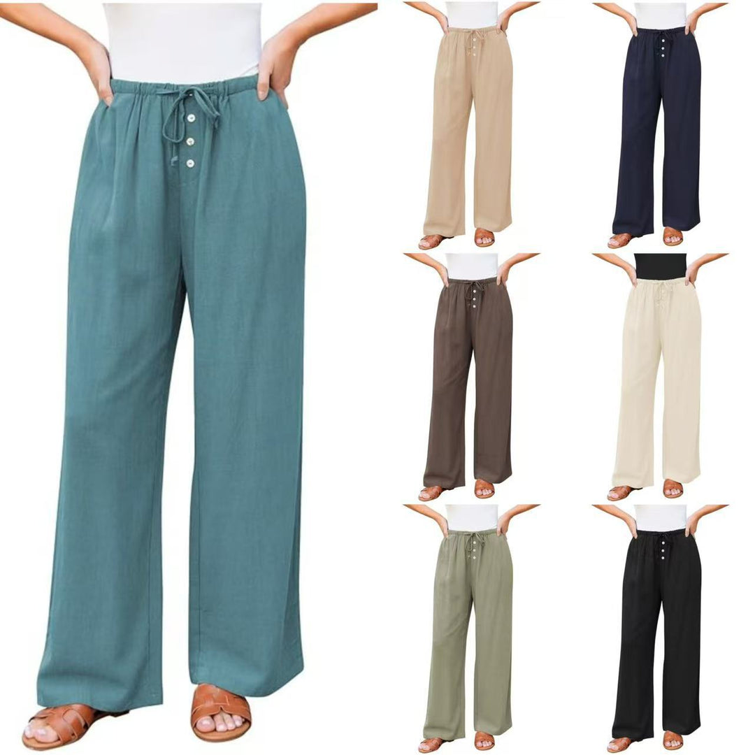 Damen Leinenoptik-Hose mit weitem Bein, Gummizug-Taille, Tunnelzug und Knopfdetail Shop Nory