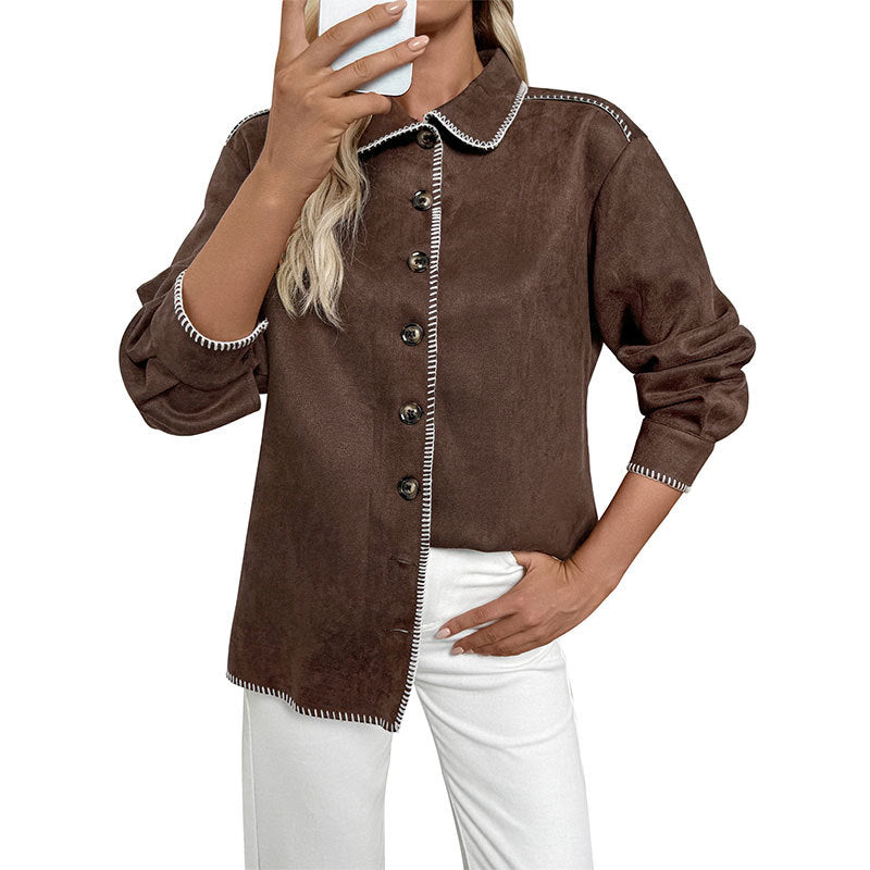 Damen Oversized Hemdjacke aus Velours mit Zierstickerei und Knopfleiste Shop Nory