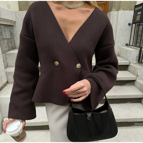 Damen Strickjacke Wickeloptik mit tiefem V-Ausschnitt und Glockenärmeln Shop Nory