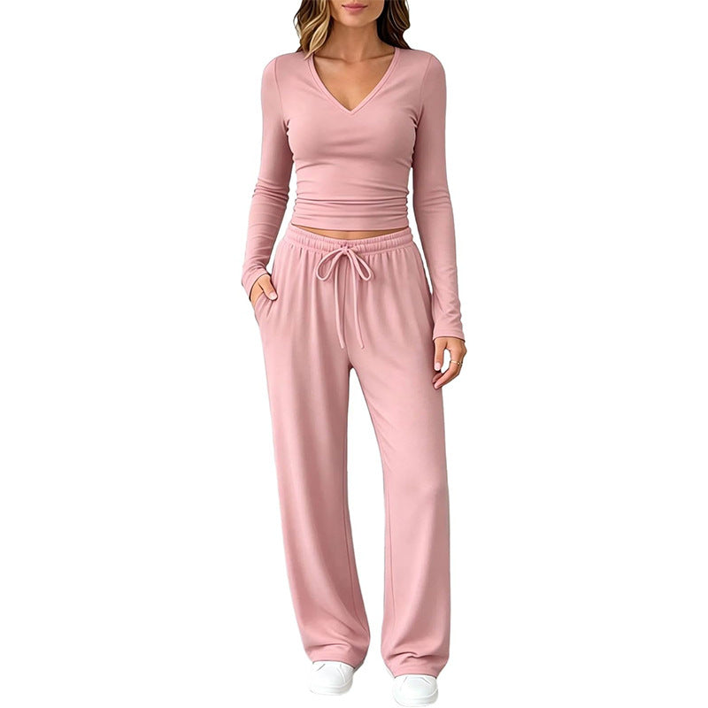 Damen Zweiteiliges Lounge-Set mit tailliertem V-Ausschnitt Crop-Top und weiten Tunnelzug-Hosen Shop Nory