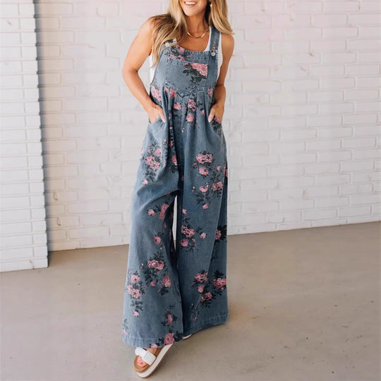 Damen Lässiger Denim-Hosenanzug mit floralem Print und weiten Beinen