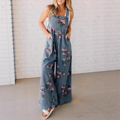 Damen Lässiger Denim-Hosenanzug mit floralem Print und weiten Beinen