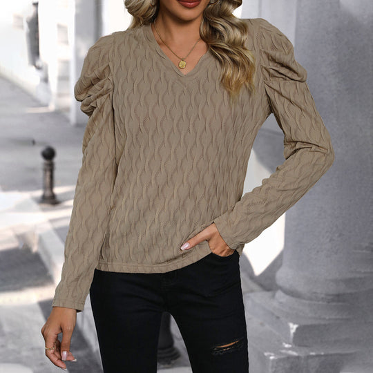 Damen Feinstrickpullover mit V-Ausschnitt und gerafften Ballonärmeln Shop Nory