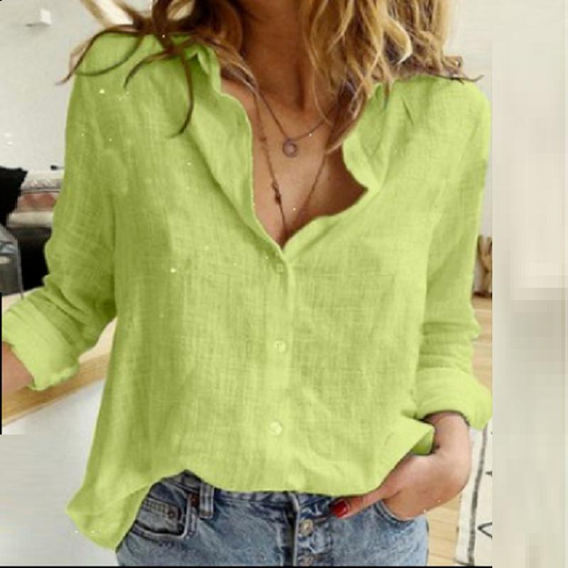 Damen Atmungsaktive Baumwoll‑Leinen Tunika‑Bluse mit Kentkragen, geknöpftem V‑Ausschnitt und gerundetem Saum Shop Nory