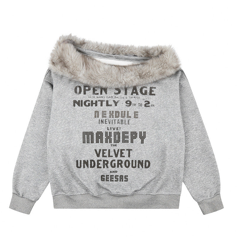 Damen Oversize-Sweatshirt mit Kunstfellkragen, weichem Innenfutter und typografischem Statement-Print Shop Nory