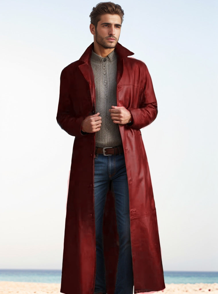 Herren Langer Ledermantel im Trench-Stil mit schmaler Silhouette und Stehkragen Shop Nory