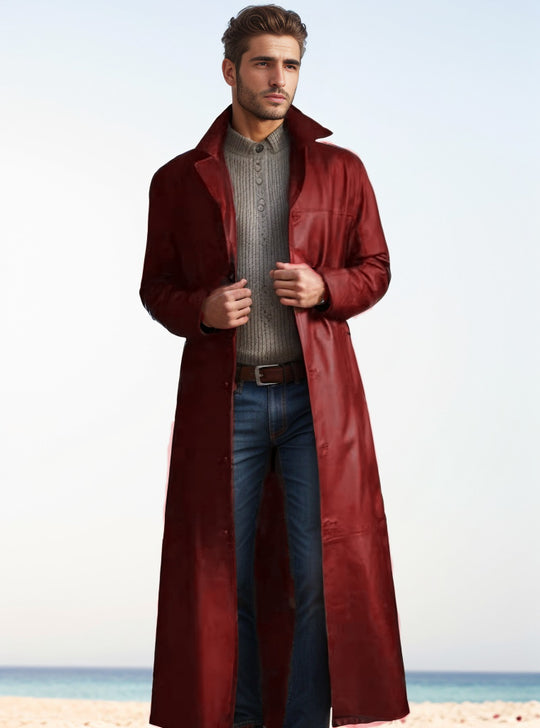 Herren Langer Ledermantel im Trench-Stil mit schmaler Silhouette und Stehkragen Shop Nory