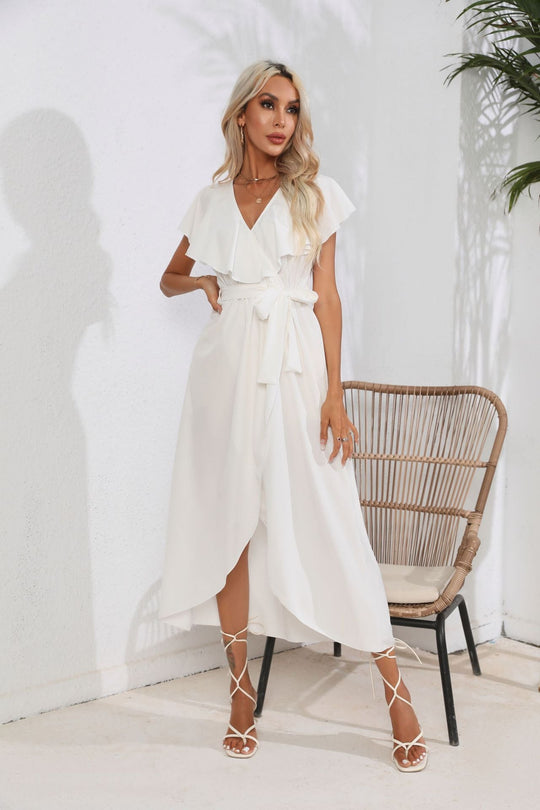 Damen Wickelkleid mit voluminösen Ärmeln und schickem Bindegürtel Shopnory