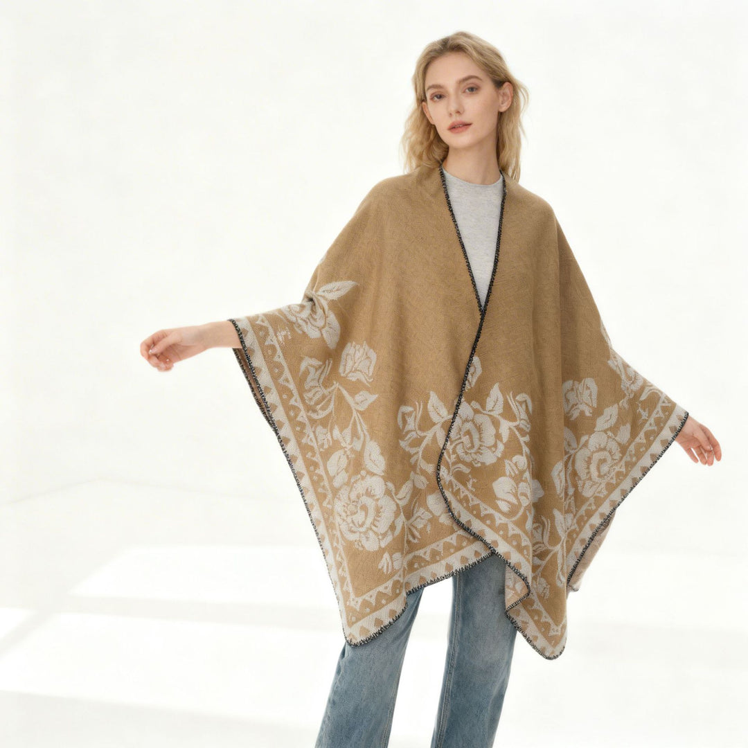 Damen Weicher Oversize-Capeponcho im Blumen-Jacquard mit kontrastierter Kettelkante Shop Nory