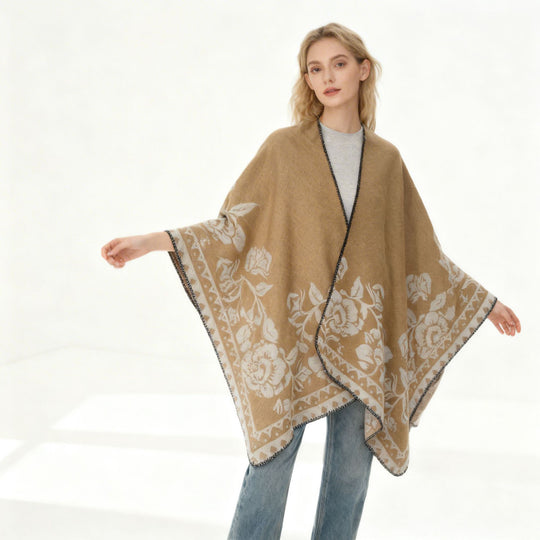 Damen Weicher Oversize-Capeponcho im Blumen-Jacquard mit kontrastierter Kettelkante Shop Nory