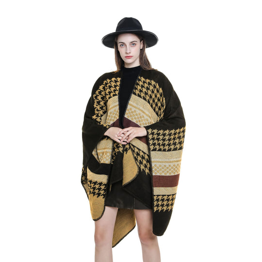 Damen Wohliger Oversize-Umhangponcho aus Wollmix mit Hahnentritt- und Grafikjacquard Shop Nory