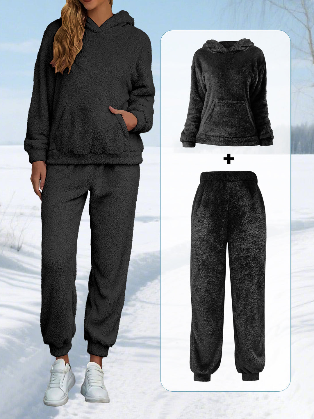 Damen Kuscheliges Teddy-Fleece Lounge-Set mit Kapuze und Kängurutasche Shopy Nory
