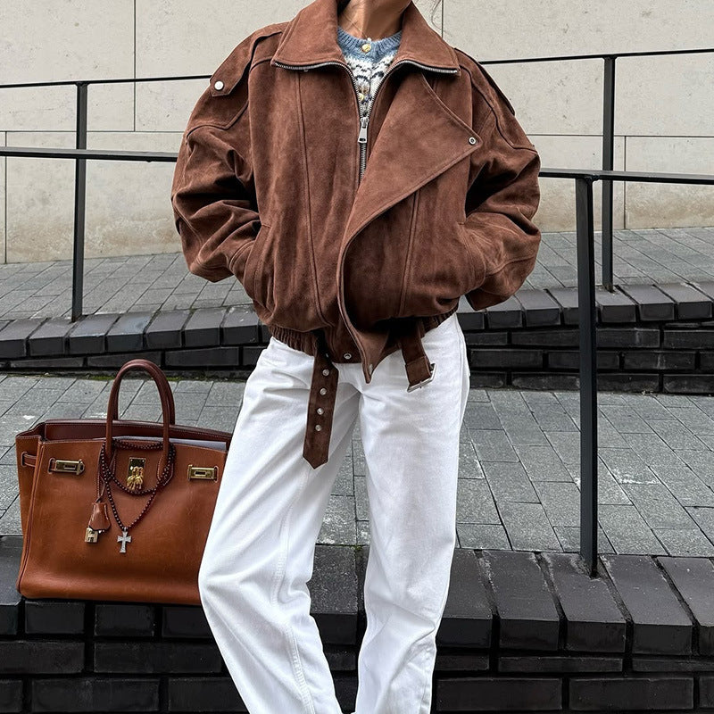 Damen lässige Wildlederjacke im Oversized-Stil mit Taillengürtel