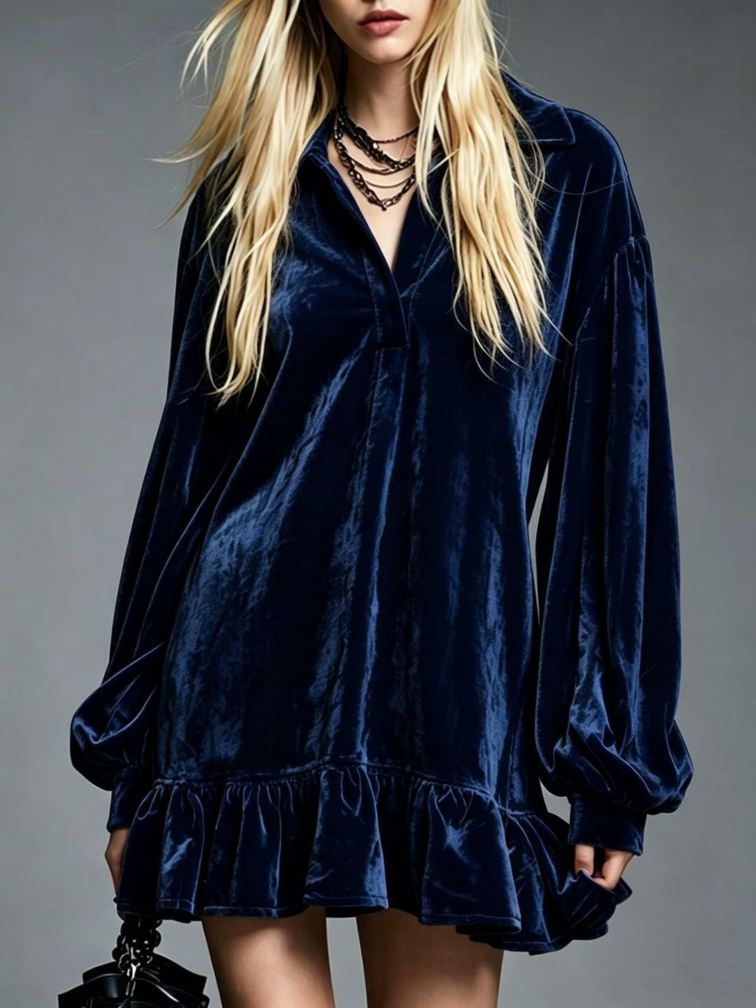 Damen Samt-Minikleid mit Volant-Saum, Ballonärmeln und Hemdkragen Shop Nory