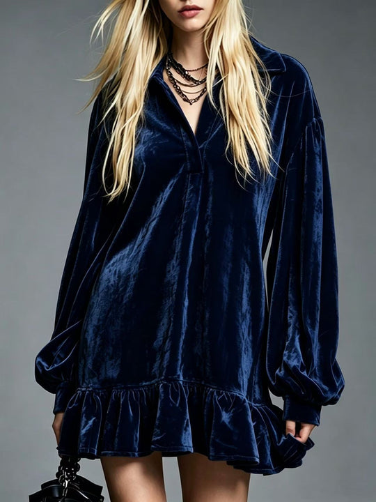 Damen Samt-Minikleid mit Volant-Saum, Ballonärmeln und Hemdkragen Shop Nory
