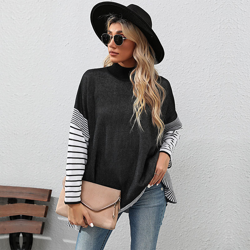 Damen Oversize Strickpullover mit Stehkragen und gestreiften Raglanärmeln Shop Nory