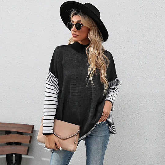 Damen Oversize Strickpullover mit Stehkragen und gestreiften Raglanärmeln Shop Nory