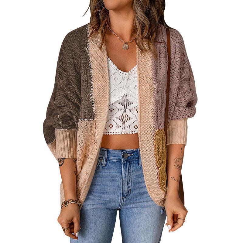 Damen Lockere Strickjacke mit modischem Farbblockdesign und tiefen Taschen