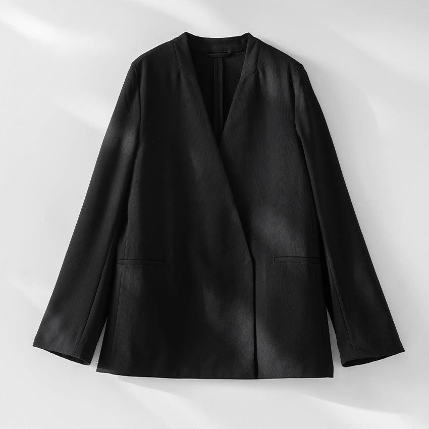 Damen kragenloser Longline-Blazer mit offenem V-Ausschnitt und Eingrifftaschen Shop Nory