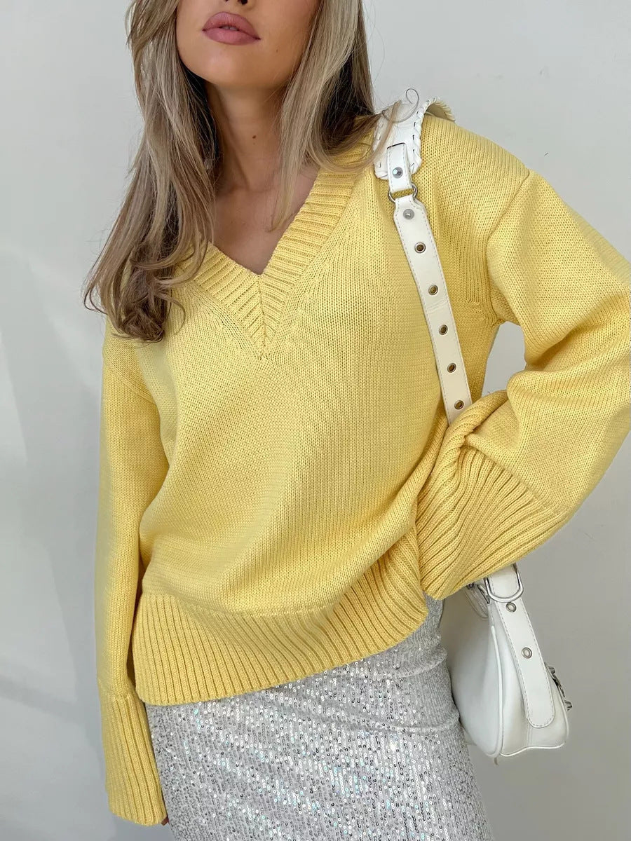 Damen eleganter V-Ausschnitt Pullover aus weicher Baumwolle Shopnory