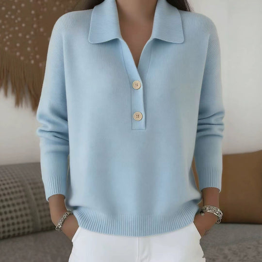 Damen lässiger Feinstrickpullover mit Polokragen und Zwei-Knopf-Leiste Shop Nory