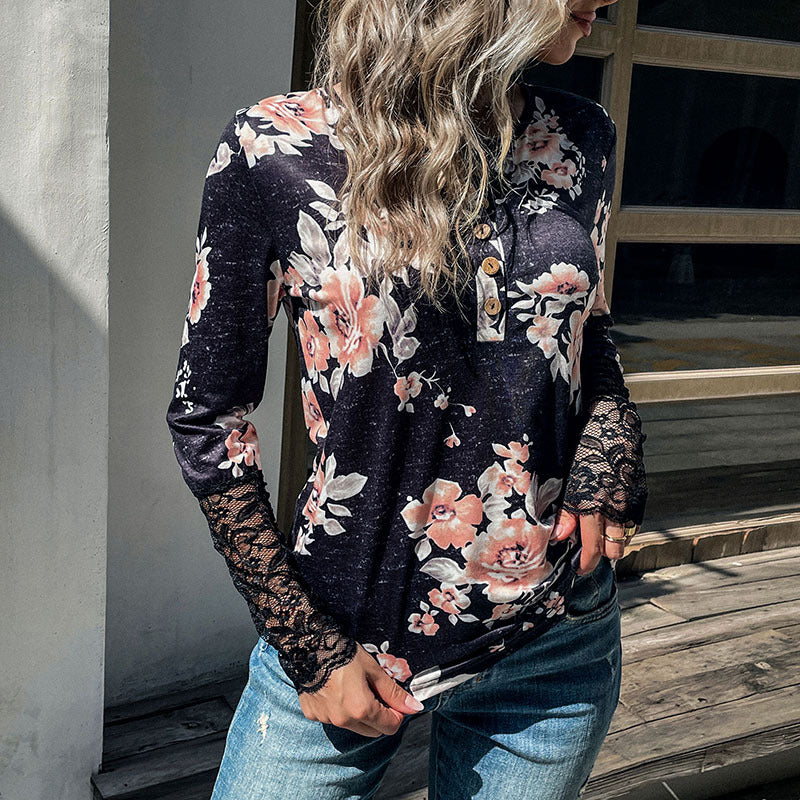 Damen Henley-Top mit Rosenprint, Spitzenmanschetten und Zierknopfleiste Shop Nory