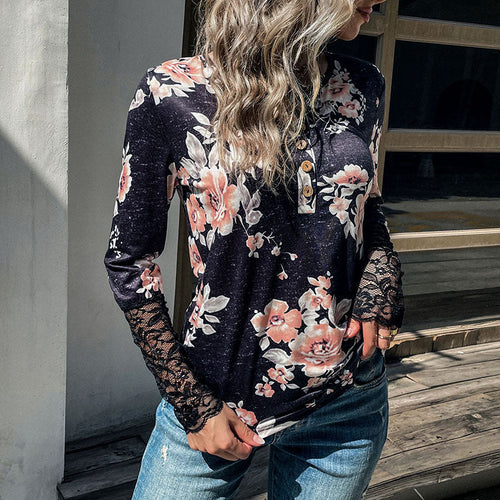Damen Henley-Top mit Rosenprint, Spitzenmanschetten und Zierknopfleiste Shop Nory