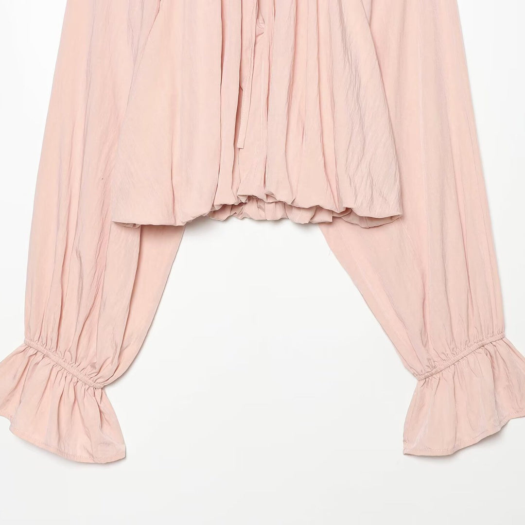 Damen Carmen-Cropped-Bluse mit Tunnelzugkragen, gerafftem Saum und Ballonärmeln Shop Nory