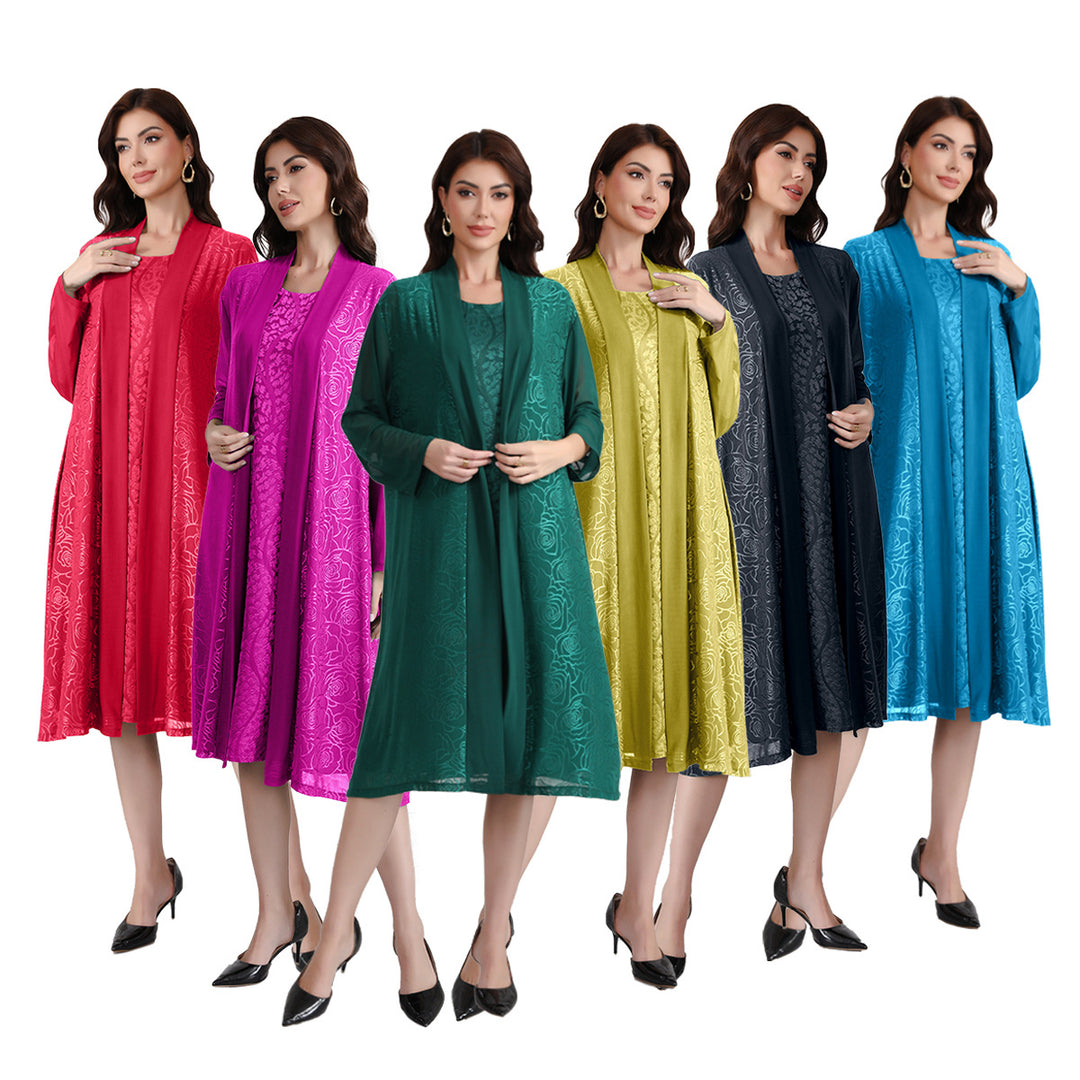 Damen Zweiteiliges Midikleid-Set mit floralem Jacquard-Overlay und offenem Mantel Shop Nory