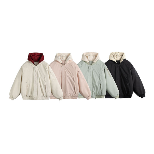 Herren Wattierte Oversize Bomberjacke mit kontrastgefütterter Kapuze und Ärmel-Reißverschluss Shop Nory