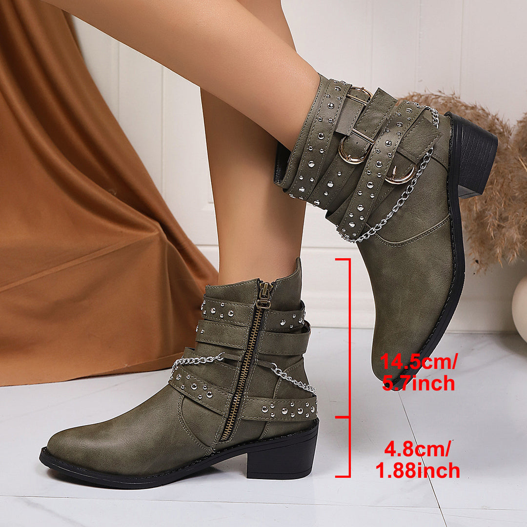 Damen Nietenbesetzte Stiefelette mit Ketten‑ und Schnallen‑Details Shop Nory