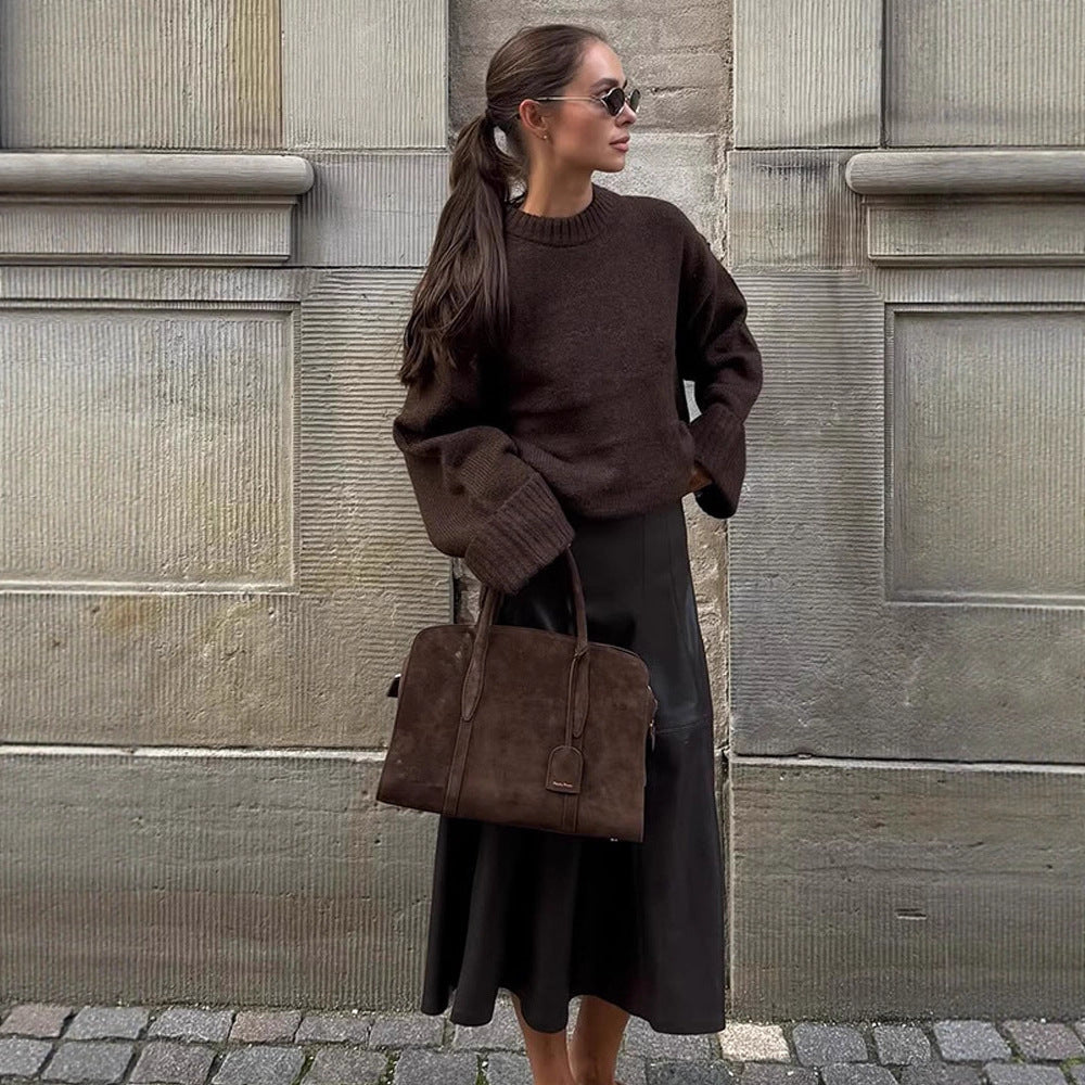 Damen Oversize-Strickpullover mit weitem Rippsaum und Trompetenärmeln Shop Nory