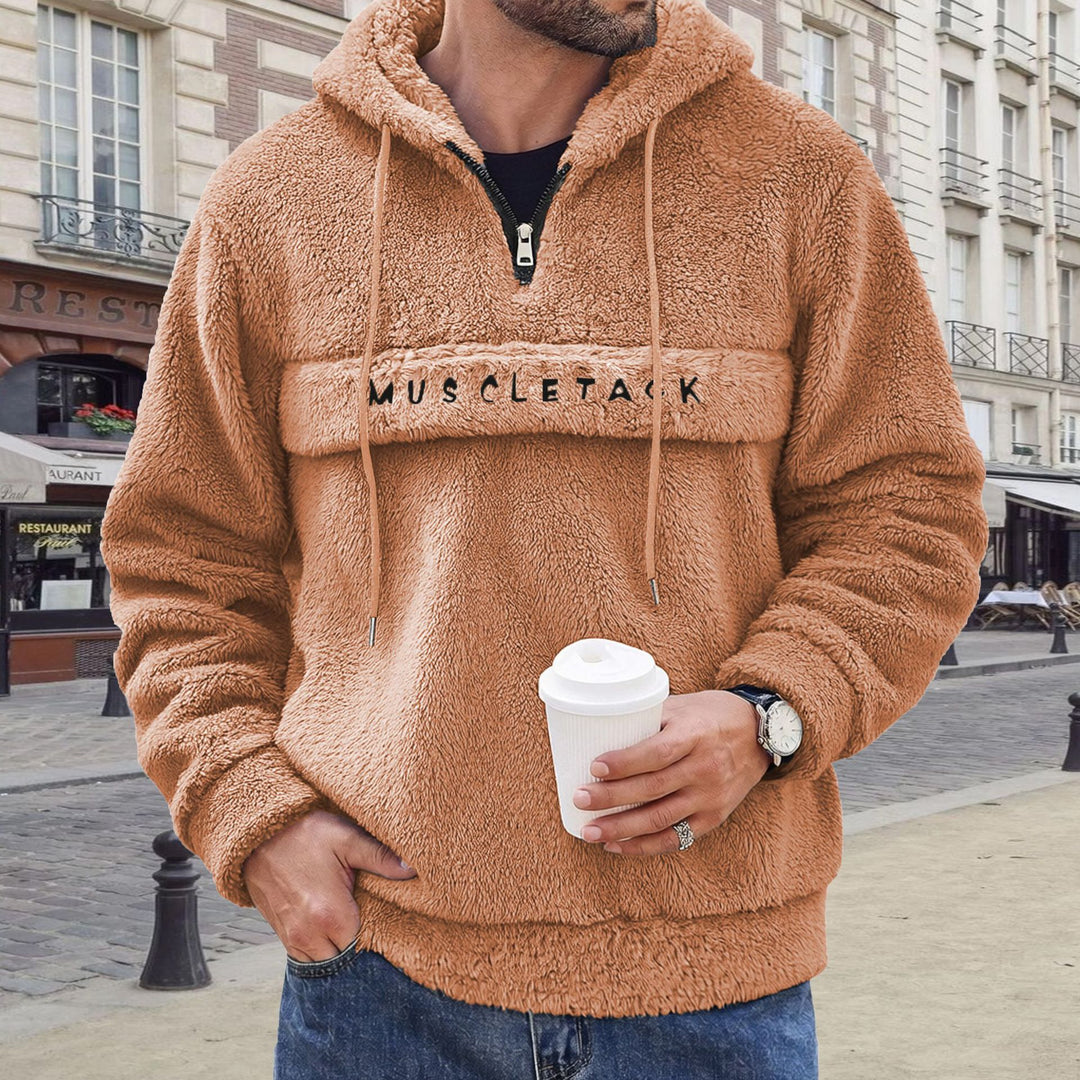 Herren Teddy-Fleece Kapuzenpullover mit halbem Reißverschluss, Kängurutasche und weichem Innenfutter Shop Nory