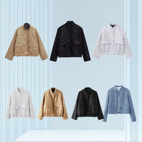Damen verzierte Bouclé-Bomberjacke mit Pailletten und Strass Shop Nory