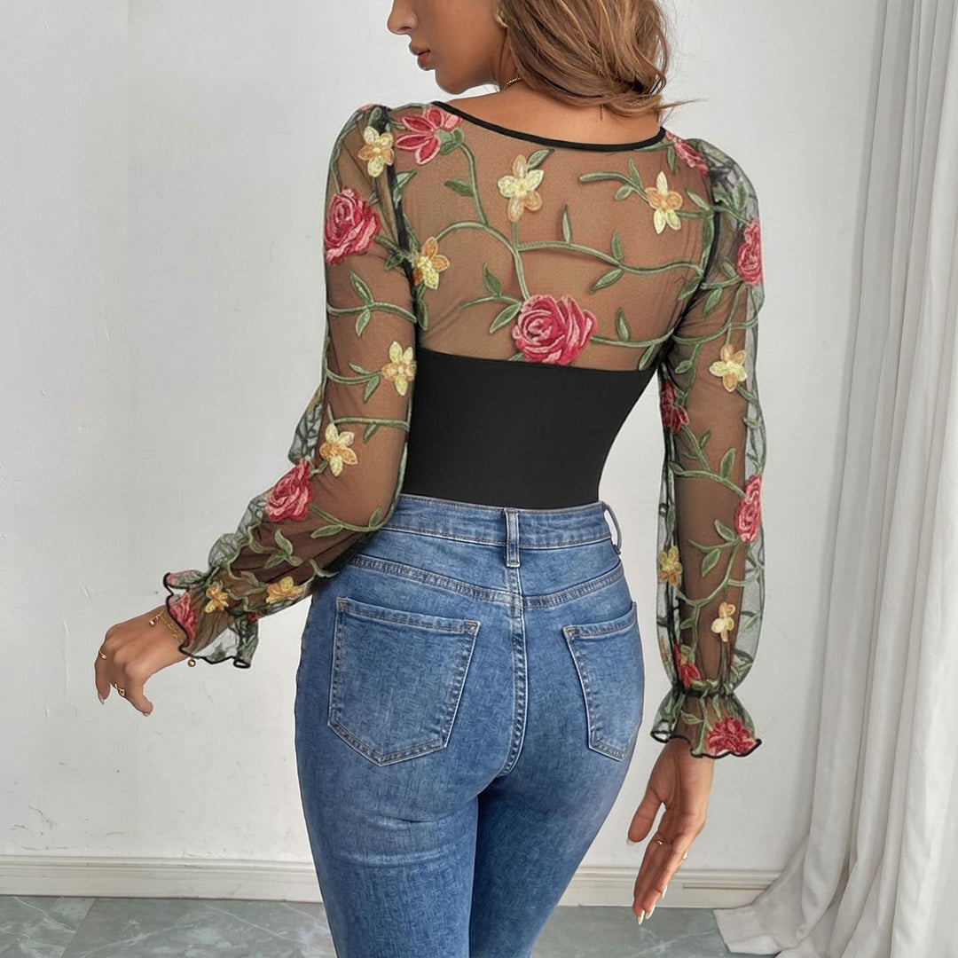 Damen Bestickter Mesh-Bodysuit mit herzförmigem Ausschnitt und langen Puffärmeln Shop Nory