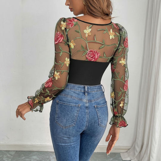 Damen Bestickter Mesh-Bodysuit mit herzförmigem Ausschnitt und langen Puffärmeln Shop Nory