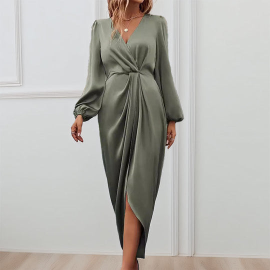 Damen Elegantes Maxikleid mit Tiefem V-Ausschnitt und Ballonärmeln