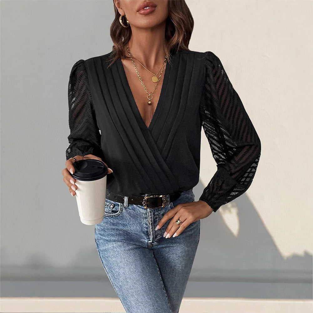 Damen Elegante Wickelbluse mit plissiertem V-Ausschnitt und transparenten Chevron-Ärmeln Shop Nory