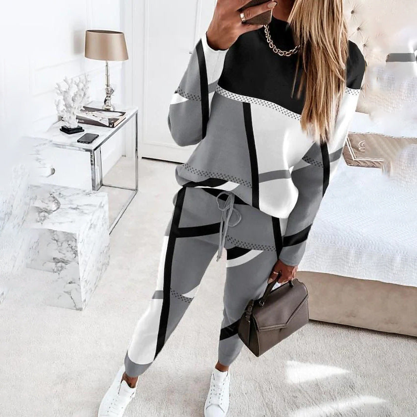 Damen Gemustertes Lounge-Set aus Feinstrick mit Kordelzug, Raglanärmeln und tapered Hose Shop Nory