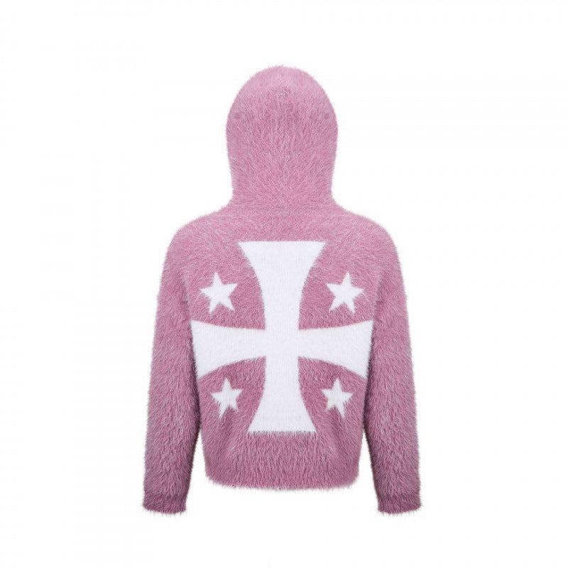 Unisex Flauschiger Kapuzenpullover mit Einhorn-Motiv und durchgehendem Reißverschluss Shop Nory
