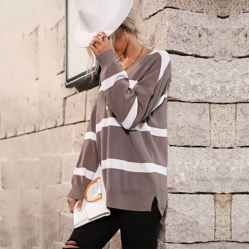 Damen Oversize V-Ausschnitt Strickpullover mit Knopfleiste und Blockstreifen Shop Nory