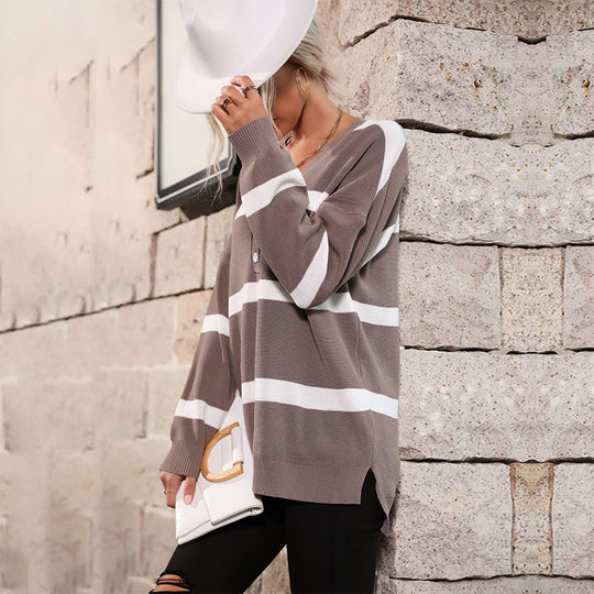 Damen Oversize V-Ausschnitt Strickpullover mit Knopfleiste und Blockstreifen Shop Nory