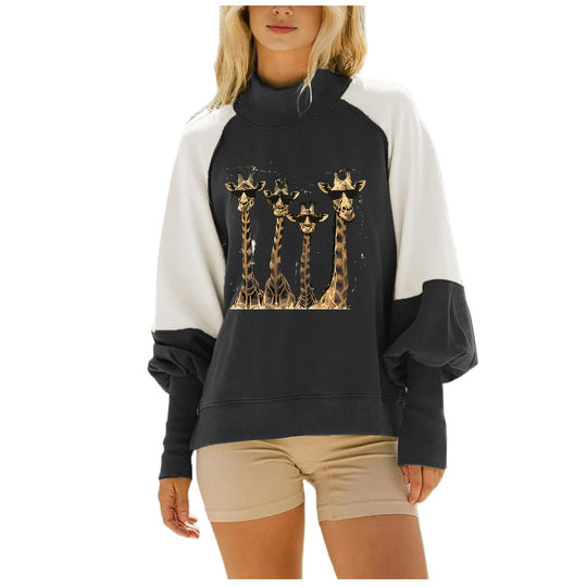 Damen nan lässiges Oversize Sweatshirt mit hohem Rollkragen, Raglanärmeln und Giraffen-Print Shop Nory