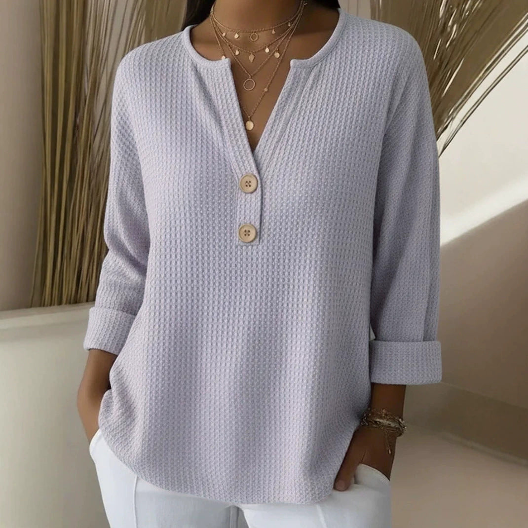 Damen nan Waffelstruktur Henley-Shirt mit V-Ausschnitt kurze Knopfleiste und krempelbaren 3/4-Ärmeln Shop Nory