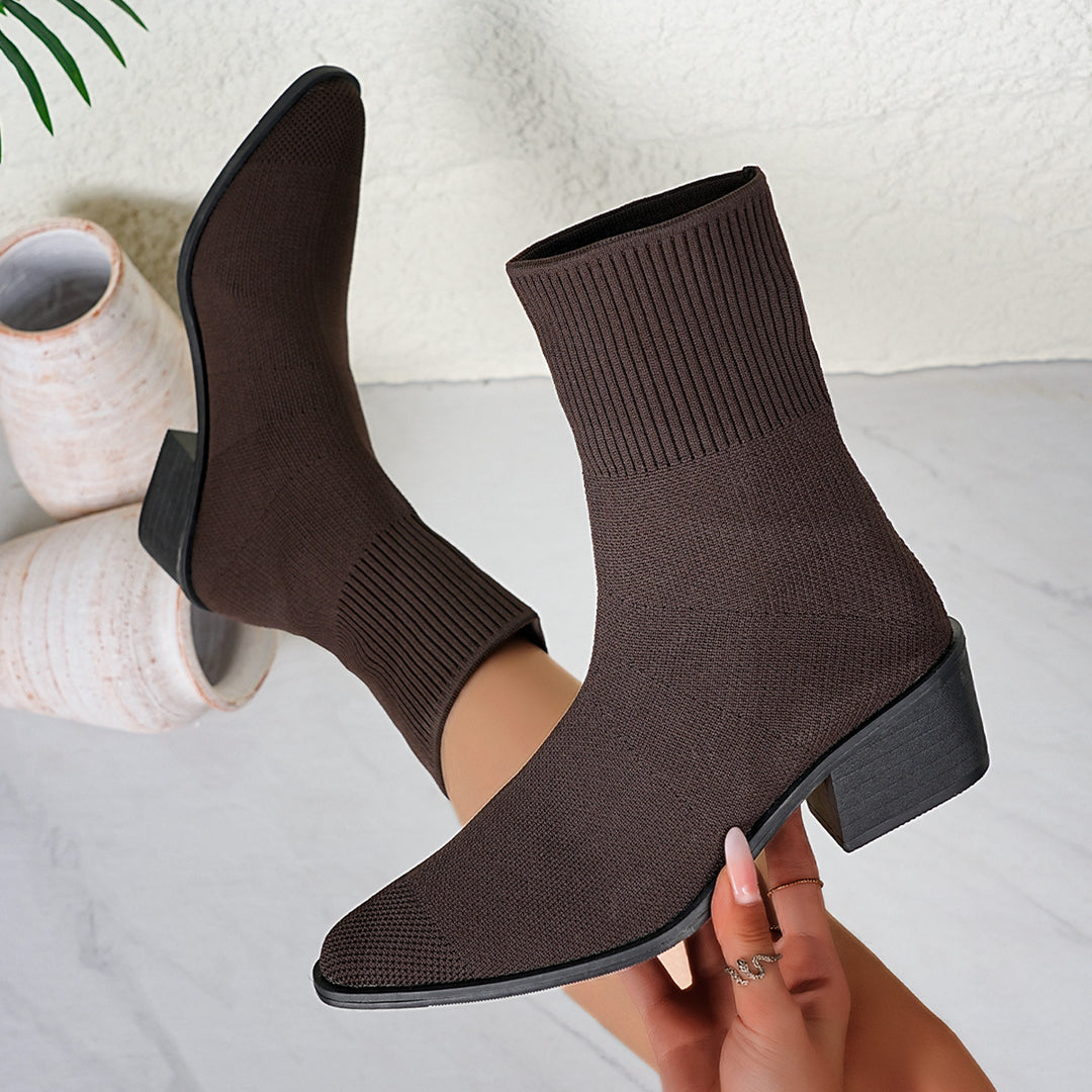 Damen Strick-Stiefelette mit sockenhaftem Schaft und mittelhohem Blockabsatz Shop Nory