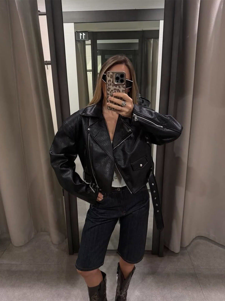 Damen Kurze strukturierte Bikerjacke aus Lederimitat Shop Nory